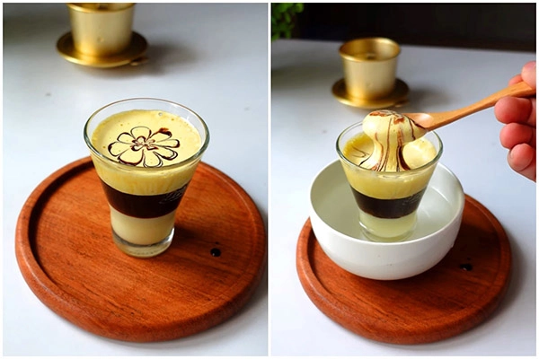 set cà phê trứng kèm biscotti và cacao rắc nhẹ