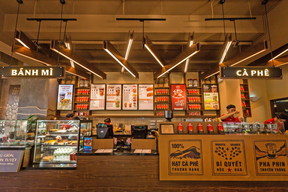 mặt tiền cửa hàng Cà phê Gạch phong cách gạch thô