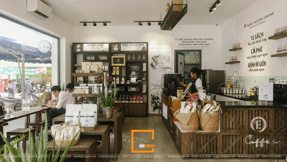 nội thất E Coffee Trung Nguyên tông nâu ấm